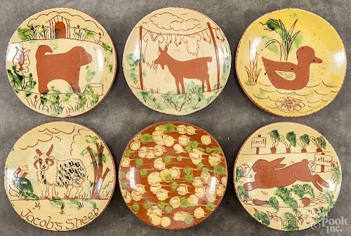 Six Lester Breininger redware plates, signed and dated 1980's through 2000's, 7'' dia.