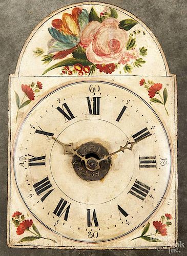 Continental wag on the wall clock, 19th c., with a painted pine dial, 14 1/2'' h.