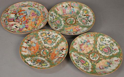 Rose Famille porcelain four piece lot including two deep bowls and two plates. 
bowls: dia. 8 1/4in. 
plates: dia. 9 1/2in.