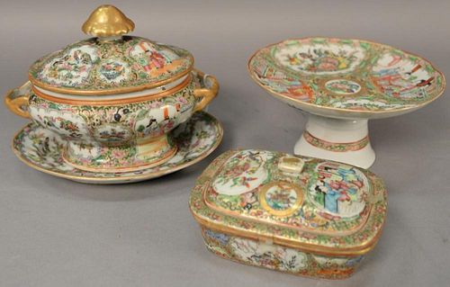 Four piece lot of Rose Medallion porcelain including small covered tureen and underplate, three part soap dish, and compote. 