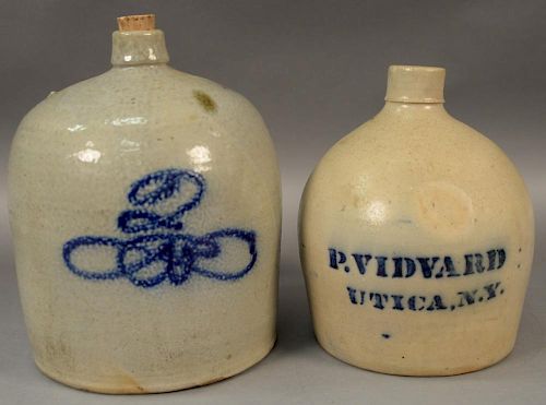 Two stoneware jugs, each decorated with cobalt blue, 1 pint Vidyard Utica N.Y.  ht. 10in. and ht. 11 1/2in. Provenance:  Esta