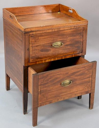 George III carved mahogany bedside commode cabinet, late 18th century, the three-quarter galleried top with cut-out carry han