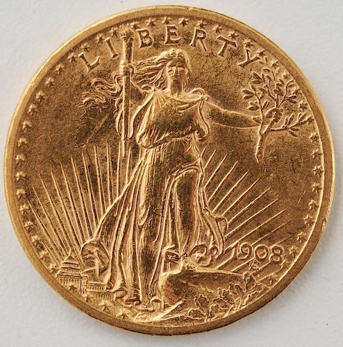 United States 1908 St. Gaudens Double Eagle Twenty Dollar Gold Coin