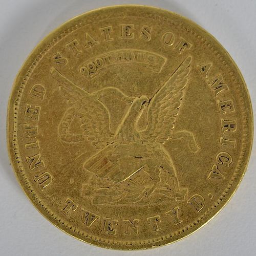 1853 United States Assay Office $20 Gold Coin, 900 THOUS