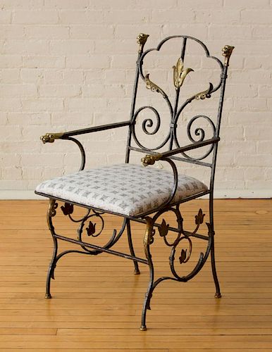 WROUGHT-IRON AND BRASS ARMCHAIR