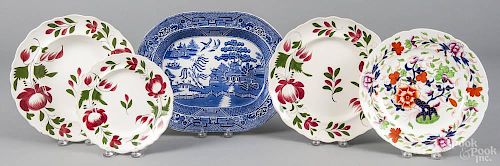 Three Adams Rose porcelain plates, 19th c., largest - 10 1/2'' dia., together with a Gaudy Welsh plat