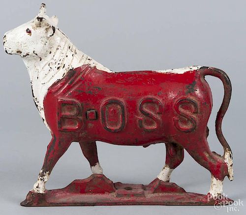 Cast iron Boss bull windmill weight, ca. 1900, 13'' h.