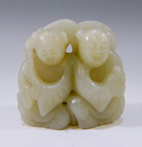 CHINESE ANTIQUE CARVED JADE FIGURE OF TWO BOYS - 19TH CENTURY