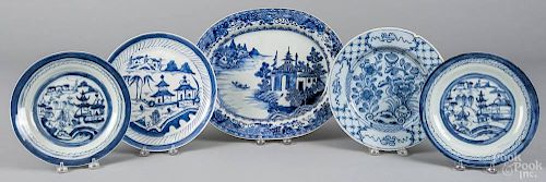 Three Canton plates, 19th c., together with a Delft plate and an export porcelain platter, 13 1/2'' w