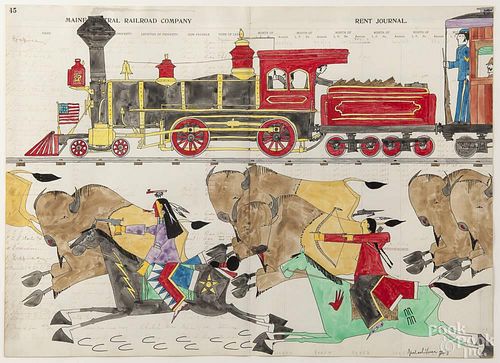 Michael Horse (American 1951-), watercolor and ink on ledger paper with a train and Native American