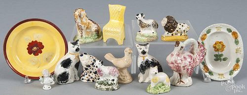 Nine Prattware animals, early 19th c., tallest - 3 3/4'', together with a figural turkey creamer