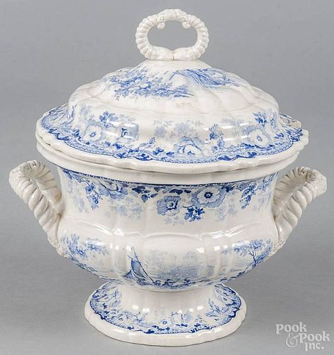 Blue and white transferware covered tureen, 19th c., 12 1/2'' h.