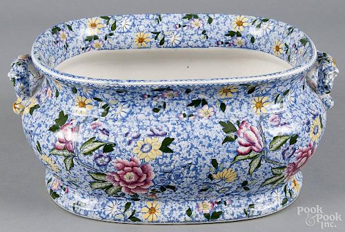 Blue and white transferware foot bath, 19th c., with floral decoration, 8 1/2'' h., 19'' w.