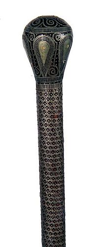 24. Russian Pique Cane- Ca. 1880- The knob has silver dots and wires, the shaft is uniquely covered with a singled pique patt
