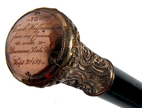 35. Barnum and Bailey Circus Cane- Dated 1884- A marked Simmons #5, gold-filled handle with the following inscription, “To 
