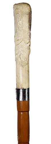 45. Japanese Stag Samurai Cane- Dated 1878- A carved stag handle with a Samurai in full armor and a dragon, the Sterling coll