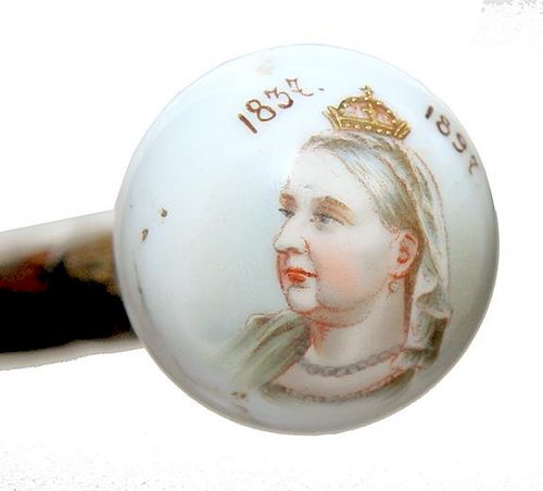 47. Queen Victoria 60th Jubilee Cane- Ca. 1897- Porcelain handle has a portrait of Queen Victoria and the date 1837-1897, orn
