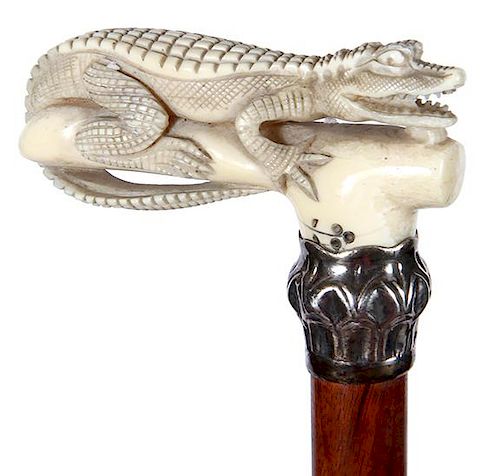 68. Alligator Dress Cane- Ca. 1930- A full length gator carved from walrus ivory with nice detail, ornate silver metal collar