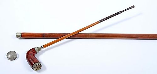 86. Pipe System Cane- Late 19th Century- A burl pipe with a screw on metal cover, handle unscrews, to expose a 15” stem whi