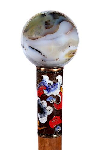 101. Hard Stone and Cloisonné Enamel Cane -Ca. 1900 -Plain dendrite agate ball knob of striking color and glassy translucent