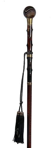 115.Agate Dress Cane- Dated 1896- Brown agate handle, three gold collars of which one in inscribed with the date, twigspur sh