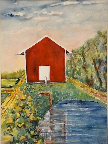 Rex Goreleigh (1902-1986)  watercolor  Red "Water Shed" landscape  signed lower right: Goreleigh titled on verso: Water Shed.