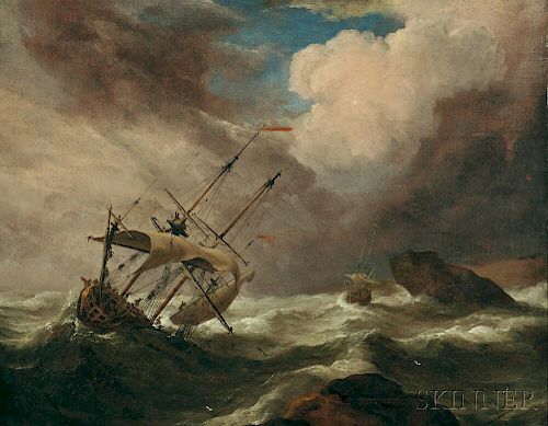 School of William Van de Velde II (Dutch, 1633-1707)      Ships in Distress off a Rocky Coast