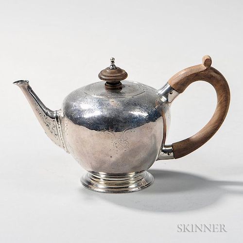 George III Sterling Silver Teapot, London, 1773-74, maker's mark rubbed, possibly James Stamp, circular form with engraved ro