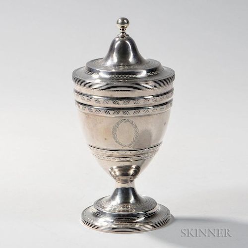 George III Sterling Silver Sugar Vase and Cover, London, 1802-03, Peter, Ann, and William Bateman, maker, urn-form with engra