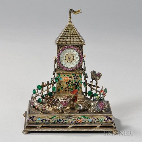 Viennese Silver-gilt and Enamel Table Clock, Austria, late 19th century, unmarked, the central tower inset with the enameled 
