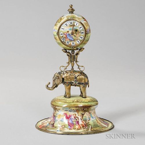 Viennese Silver-gilt and Enamel Clock, late 19th century, bearing maker's mark "_R" and French import marks, the circular clo