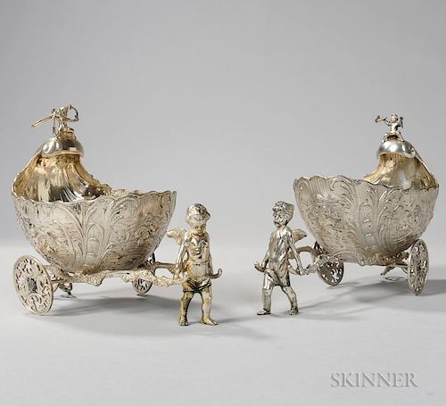 Two German .800 Silver Sleigh-form Salt Cellars, Hanau, late 19th century, bearing pseudo marks for an unidentified maker, ea