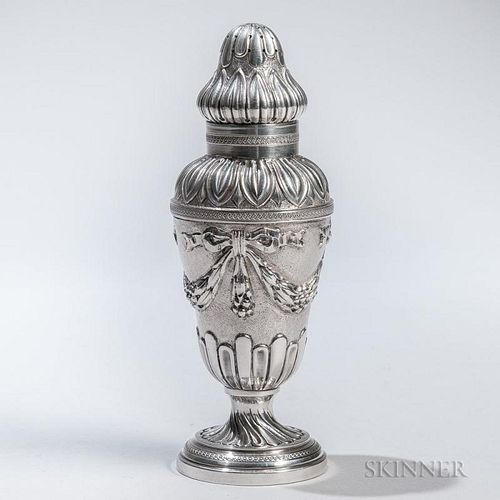 Italian .800 Silver Caster, early 20th century, marked "Peruzzi," urn form with pendant ribbon-tied swags to the body, ht. 7 