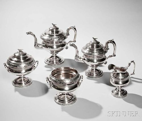 Five-piece American Coin Silver Tea and Coffee Service, Philadelphia, early 19th century, Thomas Whartenby, maker, all but te