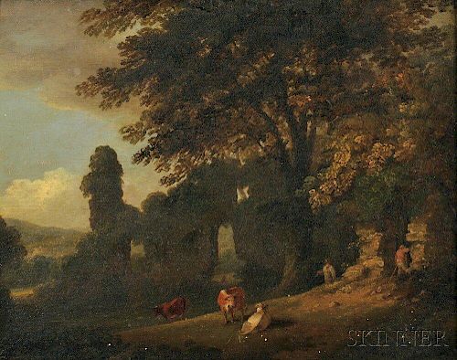 Attributed to Julius Caesar Ibbetson (British, 1759-1817)      Cows and Farmers Amidst Ruins