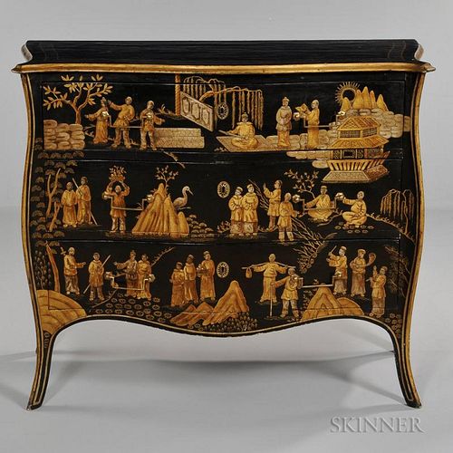 Italian Chinoiserie-style Commode, 20th century, ebonized with gilt decoration of figural and landscape scenes, serpentine to