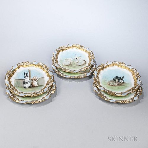 Six Limoges Porcelain Plates Depicting Rabbits, France, late 19th/early 20th century, white ground with polychrome decoration