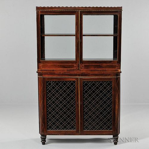 Regency Inlaid Rosewood Display Cabinet, England, early 19th century, scalloped gallery above glass upper case with two doors