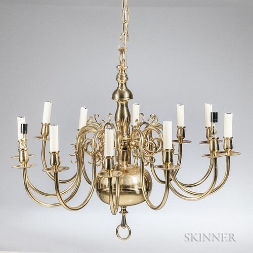 Baroque-style Brass Twelve-light Chandelier, the Netherlands, 20th century, baluster-form, with scrolling armatures and ring 