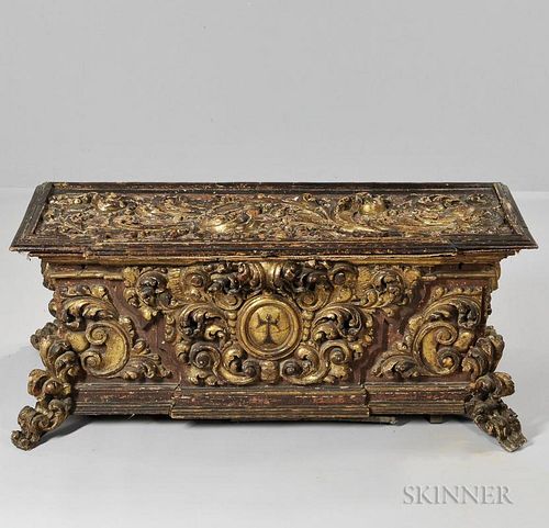 Italian Carved Giltwood and Painted Cassone, 18th century, rectangular, overall heavily carved with acanthus plumes, hinged m