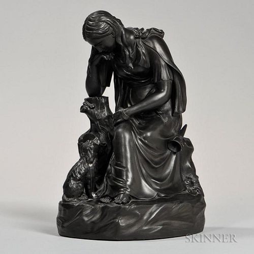 Wedgwood Black Basalt Figure of Laurence Sternes's Poor Maria, England, c. 1855, modeled by Edward Keys as a woman seated wit