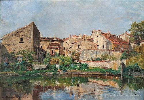 Edmond Marie Petitjean (French, 1844-1925)      Village on the Banks of a River
