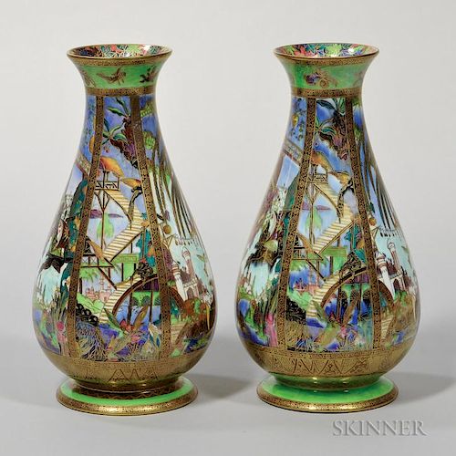 Pair of Wedgwood Fairyland Lustre Pillar Vases, England, c. 1925, pattern Z4968 with Pillar design to a daylit sky and with a