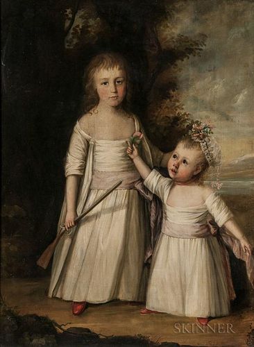 French School, 18th Century, Portrait of Two Children in a Landscape, Initialed indistinctly and dated "...1782" l.l., Condit