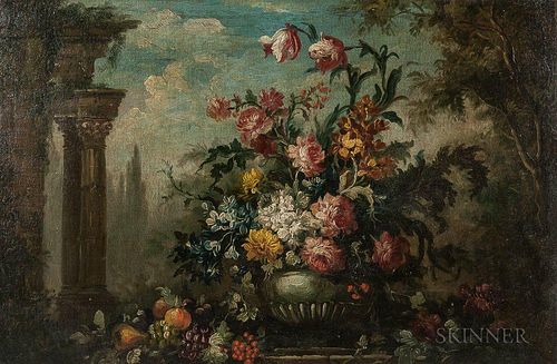 Continental School, 18th/19th Century, Floral Still Life with Classical Ruins, Unsigned., Condition: Lined, retouch, craquelu