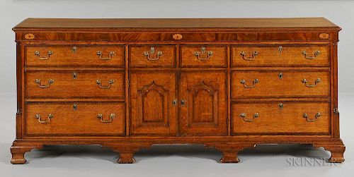 Georgian Oak and Mahogany Sideboard, 19th century, rectangular molded top over long case with inlaid frieze, two short drawer