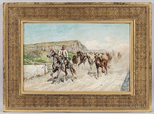 Enrico Henri Coleman (Italian, 1846-1911), Horsemen Driving a Wild Herd, Signed "HE Colman [sic]" l.r., Condition: Minor toni