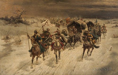 Karl (Carl) Heilig (German, 1863-1910), The Escorts, Signed "C. Heilig" l.r., titled on a partial label affixed to the stretc