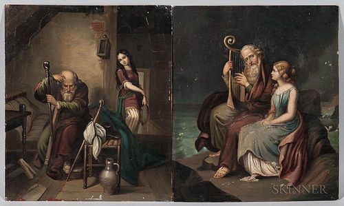 Continental School, 19th Century, Two Paintings Depicting Two Figures: An Old Man with a Harp Accompanied by a Young Woman, U