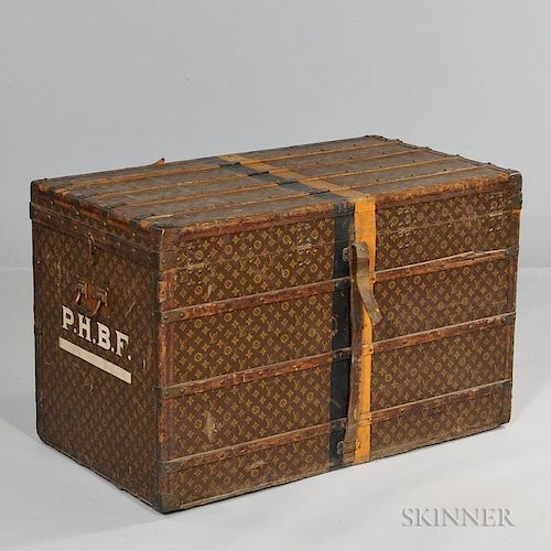 Louis Vuitton Steamer Trunk, France, late 19th/early 20th century, LV monogram canvas, brass-bound, centralized orange and bl